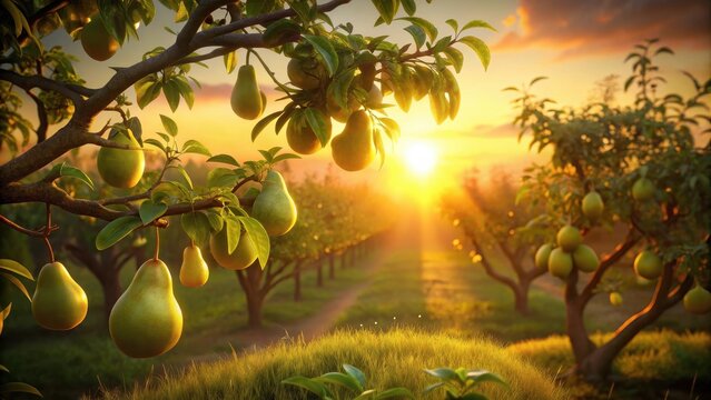 Warm golden light illuminates a lush orchard scene, as green pears dangle from a rustic tree branch during sunset
