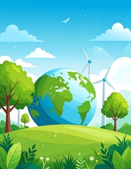A serene landscape with a large globe, wind turbines, and lush greenery under a bright blue sky