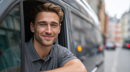 Fototapeta premium Young smiling man leaning out of a van window on a city street.