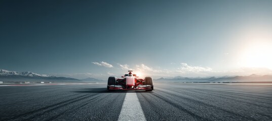 Red racing car on asphalt track. Motor competition sport. Generative AI technology.	
