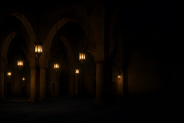 Obraz premium A dimly lit hallway with arches and columns illuminated by warm lanterns