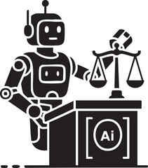 Robot lawyer at podium with scales of justice, AI in legal system, isolated on white background.