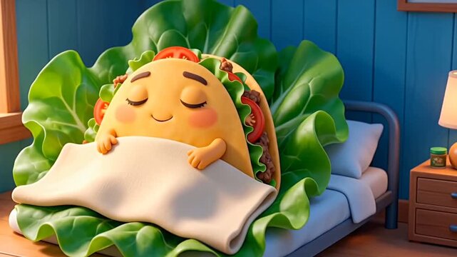 Cute surreal taco character sleeping comfortably in a bed made of fresh lettuce leaves, 3D food animation.