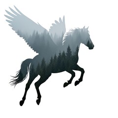 Pegasus Silhouette With Forest Overlay Mythical Creature Stock Photo
