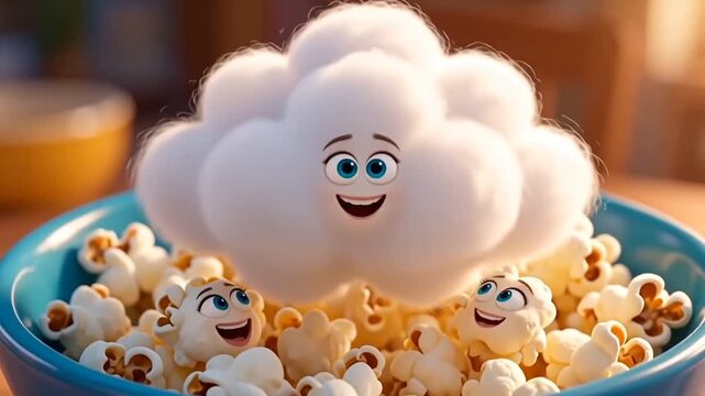 Happy surreal popcorn kernel popping into a cute cloud character in a blue bowl, 3D snack animation.