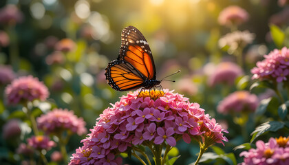 Fototapeta premium A vibrant monarch butterfly with striking orange and black wings gracefully perches on a cluster...