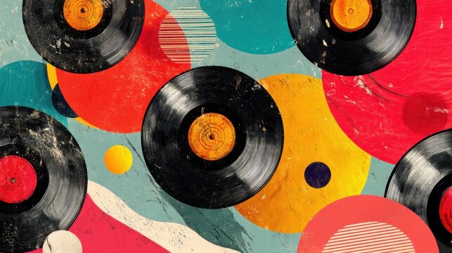Vintage vinyl records on colorful abstract background.