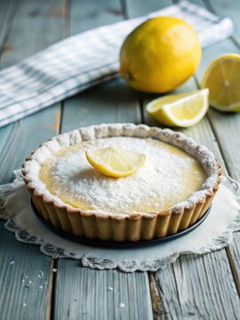 A sweet and tangy lemon tart with a buttery pastry crust and a delicate flaky texture atop, finished with a sprinkle of powdered sugar on a rustic woo