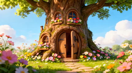 Whimsical Treehouse Entrance in Blooming Garden, Moss-Covered Trunk Doorway Under Clear Blue Sky - Fairy Tale Adventure