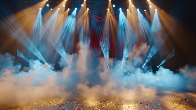 Dramatic stage illuminated by multiple spotlights shining through clouds of fog from above, creating an energetic atmosphere.