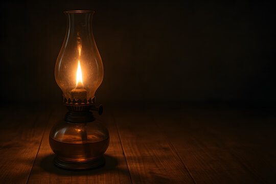 A vintage oil lamp with a warm glow sits on a wooden table in a dark room