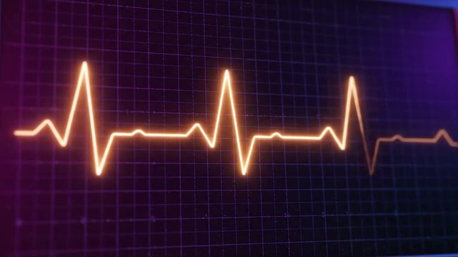 Glowing orange ECG heartbeat line on a dark purple grid background indicating cardiovascular system activity with a congenital heart disorder theme.