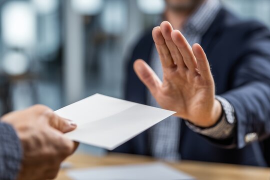 Businessman refusing a white envelope with an ethical stop gesture in an office setting, concept for anti-bribery campaigns, corporate compliance and integrity presentations