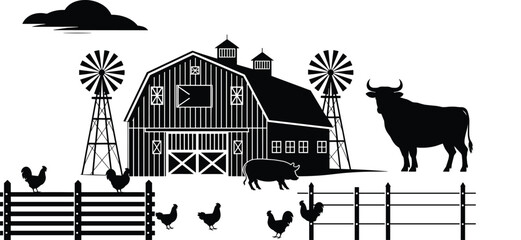 Farm barn and livestock silhouettes with windmills, fence, chickens and cattle as black rural agriculture landscape illustration set © Siddiqa Creatives 