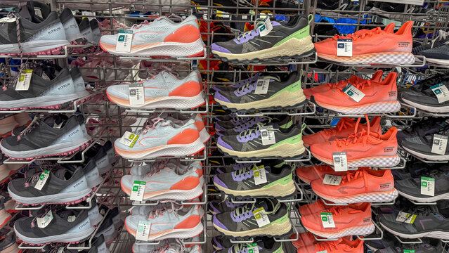 Decathlon Rows of vibrant athletic shoes cascade in a chromatic mosaic, whispering tales of marathon dreams and sneakerhead festivals September 5, 2025, Subotica, Serbia