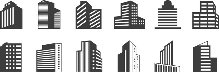 City building silhouettes set, modern office and apartment architecture icons, urban skyline elements, commercial real estate vector illustration collection © Siddiqa Creatives 