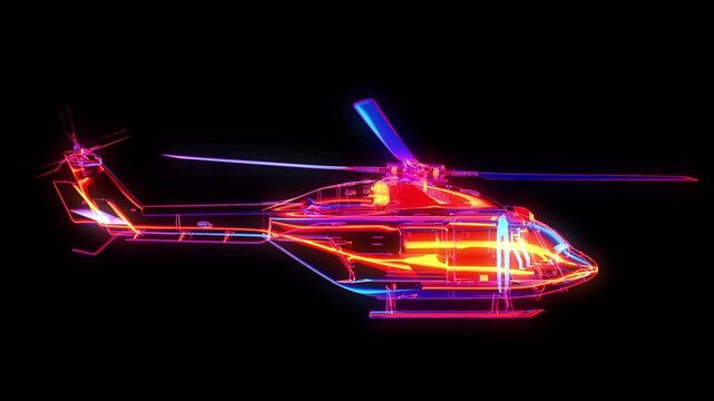 futuristic holographic helicopter hud overlay with neon glitch effect and digital distortion. wireframe military aircraft schematic