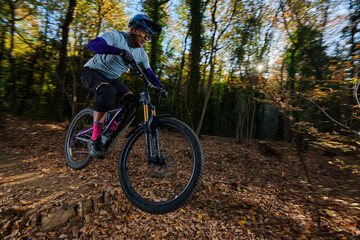 Naklejka premium Mountain Biker Racing Through Autumn Forest Trail – Action Shot On a Leafy Trail