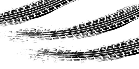 Tire track. Car, bike, motorcycle tyre mark with grunge effect isolated on white background. Wheel footprint on the road. Top view of rubber protector mark © ribut