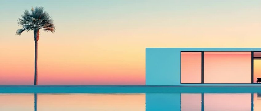Minimalist tropical scene featuring palm tree modern architecture and infinity pool at sunset
