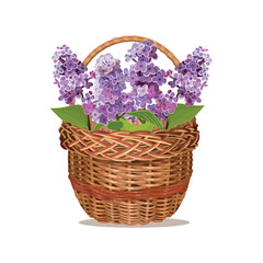 A spring wicker basket with lilac flowers. Happy Easter and Mother's Day.