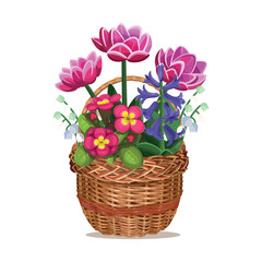 Spring wicker basket with flowers. Happy Easter, Mother's Day.