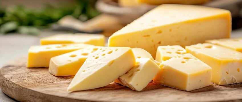 Slices and wedges of Swiss style cheese with visible holes arranged on  wooden cutting board