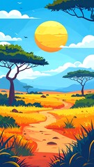 A serene savannah landscape with trees and a dirt path under a sunny sky