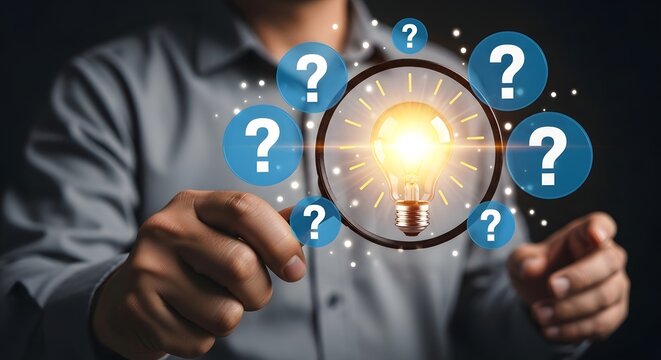 Man with a magnifying glass and question marks around a light bulb
