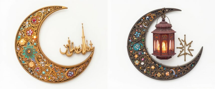 Ramadan Concept - Ramadan kareem Gold moon with crescent - Blue Night sky with laterns and stars at sunset in beautiful old arabic city vintage and mosque lights