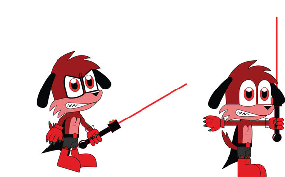 Two cartoon dogs red sith saber angry black jedi saber duel star wars parody funny animal characters isolated on white perfect for sci-fi humor meme popculture illustration vector clipart.