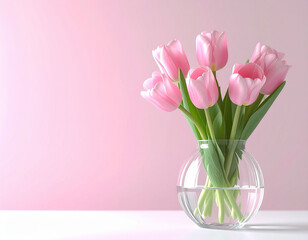 Obraz premium ピンクのチューリップの花瓶と春の光 文字入れ用の余白がある明るい背景素材