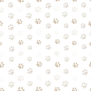 Nature colored paw prints background. Seamless fabric design pattern