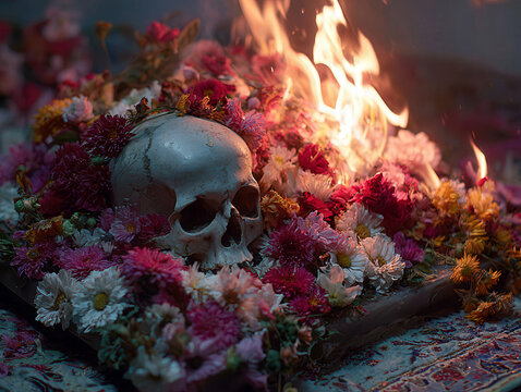 Skull on flower bed, still life composition Central skull partially submerged in flowers with vibrant colors red, pink, white, yellow Organic arrangement of flora against stark skul - AI-Generated
