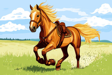 Fototapeta premium Running Horse in a Sunny Pastoral Landscape