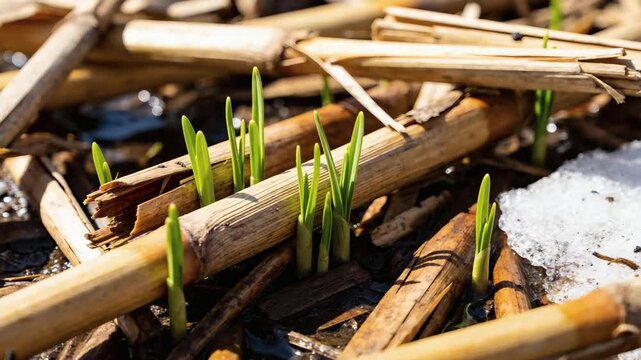 Spring sprouts among dry stems and snow