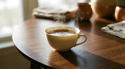 Hot Steaming Cup of Tea on Wooden Table in Sunlight