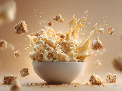 Close-up, ultra-realistic advertisement of mac and cheese with suspended breadcrumbs, soft diffused lighting, Canon EOS R5, 50mm f12 lens, warm creamy palette, neutral light backgroun - AI-Generated