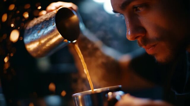 Barista pouring freshly brewed coffee into a mug, captured in a moment filled with golden sparks, showcasing skill and artistry in the coffee-making process.