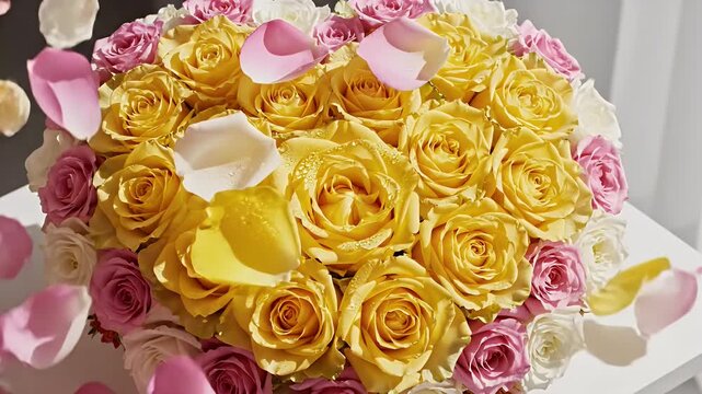 Heart-Shaped Bouquet of Vibrant Yellow Roses with Delicate Pink Border Roses in a White Gift Box