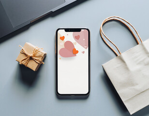 Valentine&rsquo;s Day online shopping with smartphone, paper bag and gift, e-commerce concept