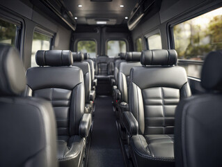 Interior view of a modern passenger van with comfortable black leather seats arranged in rows along a spacious aisle and large windows letting in natural light