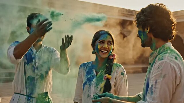 People celebrate holi festival. indian color powder celebration. joyful friends playing gulal. south asian cultural event. happy young adults having fun.