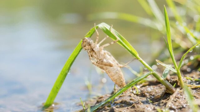 Dragonfly larva on coastal grass near the water