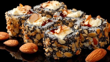 Fototapeta premium Almond sesame sushi rolls with cream cheese topping and black background.