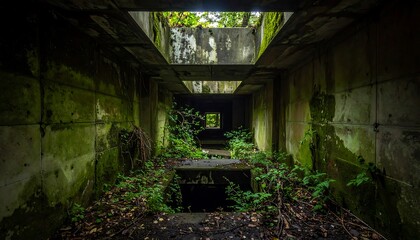 Abandoned tunnel with green moss growth.