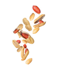 Delicious dried crushed and whole peanuts in the air isolated on transparent background