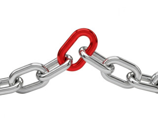 Obraz premium A close-up view of a chain with one red link standing out among the rest. isolated on transparent background