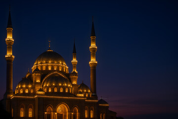 Fototapeta premium A large mosque with illuminated domes and minarets at dusk