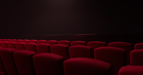 3D render of empty cinema rows from a side perspective. Digital illustration of red theater seats in dark interior. Premiere and entertainment concept background with large copy space.